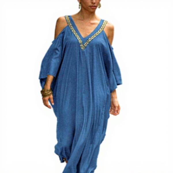Copricostume Donna Caftano Boho Chic Maxi Dress Blu Chiaro