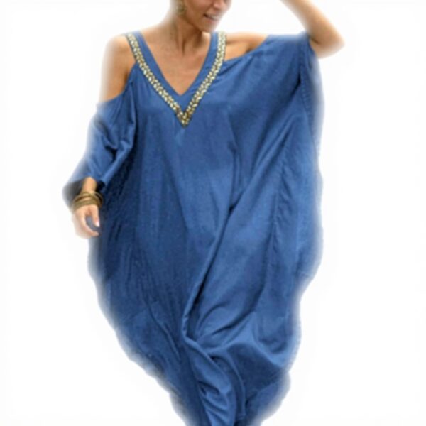 Copricostume Donna Caftano Boho Chic Maxi Dress Blu Chiaro
