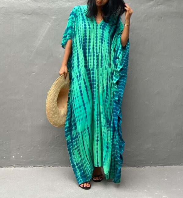 Copricostume Donna Caftano Vestito Mare Verde Boho Chic-4