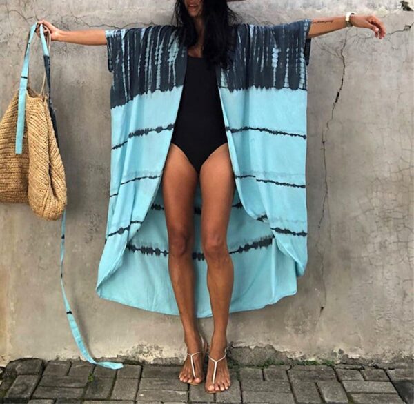Copricostume Donna Caftano Vestito Mare Boho Chic Azzurro-1