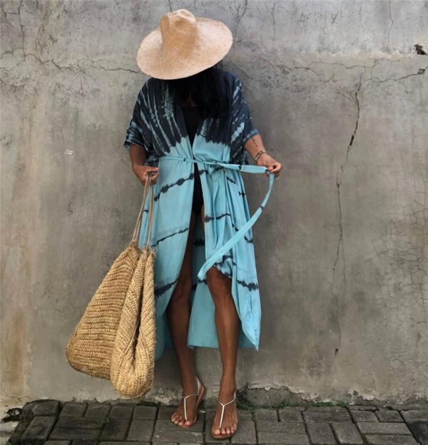 Copricostume Donna Caftano Vestito Mare Boho Chic Azzurro-4