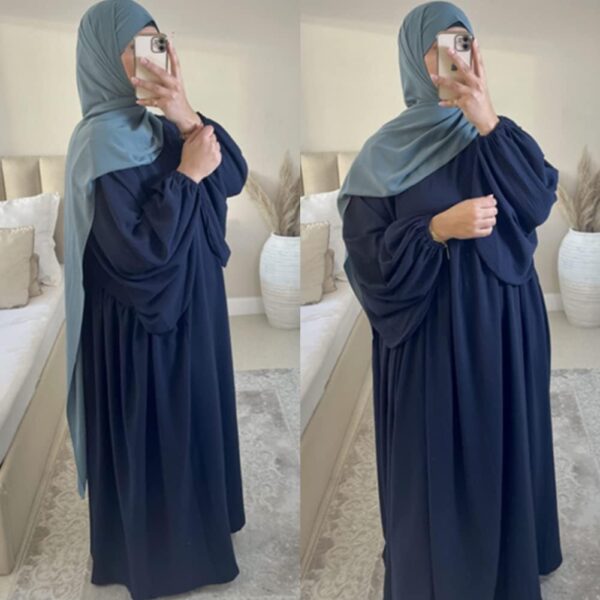 IMEKIS Abito musulmano donna Jilbab maniche sbuffo blu mare-3